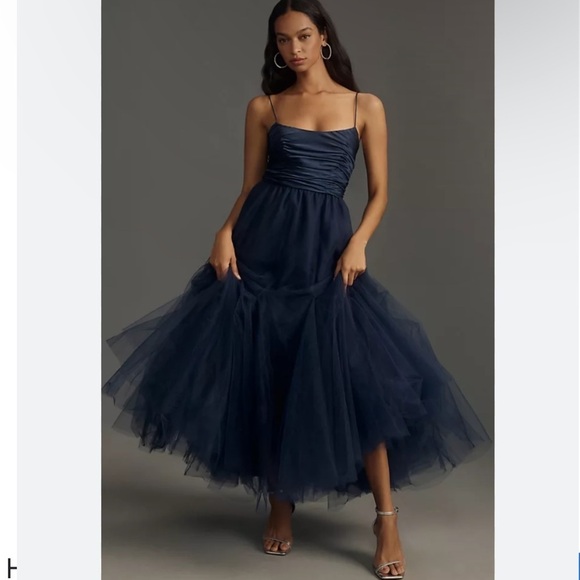 Hutch Toni Barre Sleeveless Tulle Maxi Dress Navy Blue Satin Gown Balletcore 2 - Picture 1 of 10